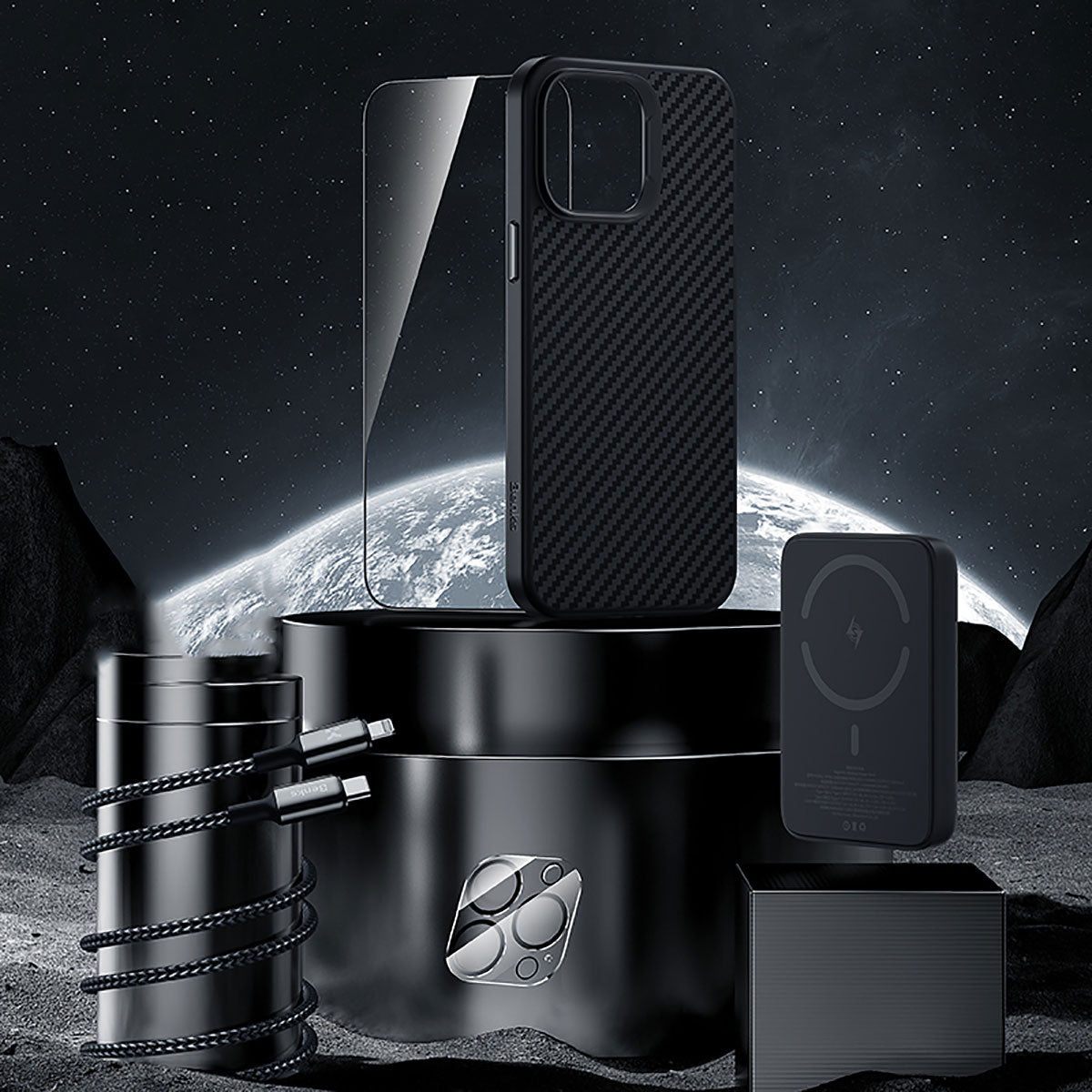 Apple iPhone 14 Pro Max Benks Grand Combo 5in1 Aksesuar Seti Kılıf-Ekran Koruyucu-Lens Koruyucu-Kablo-Powerbank Siyah