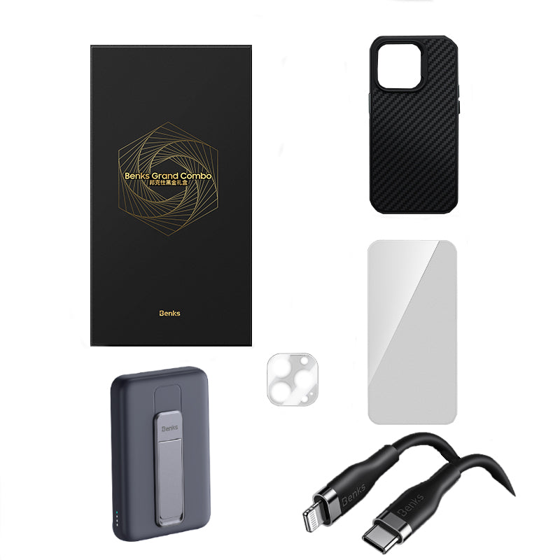 Apple iPhone 14 Pro Max Benks Grand Combo New 5in1 Aksesuar Seti Kılıf-Ekran Koruyucu-Lens Koruyucu-Kablo-Powerbank Siyah