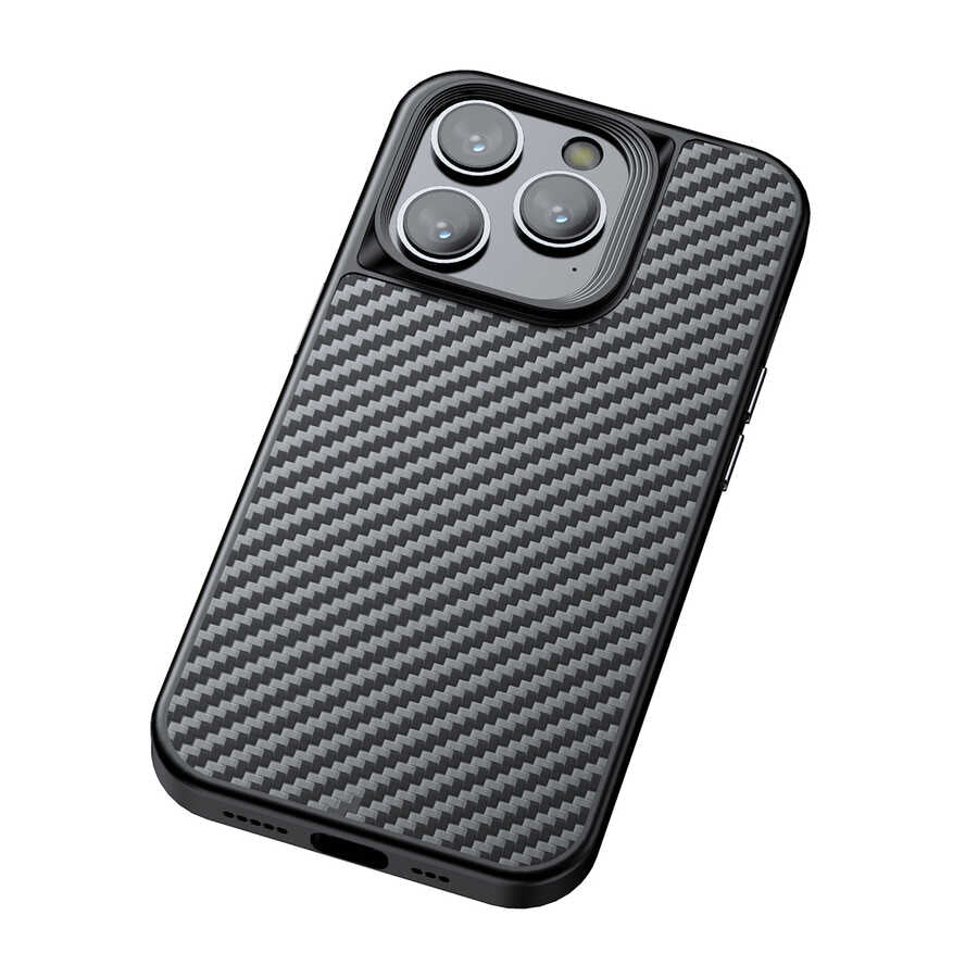 Apple iPhone 14 Pro Max Kılıf Aramid Karbon Fiber M-safe Özellikli Wlons Radison Kapak Siyah
