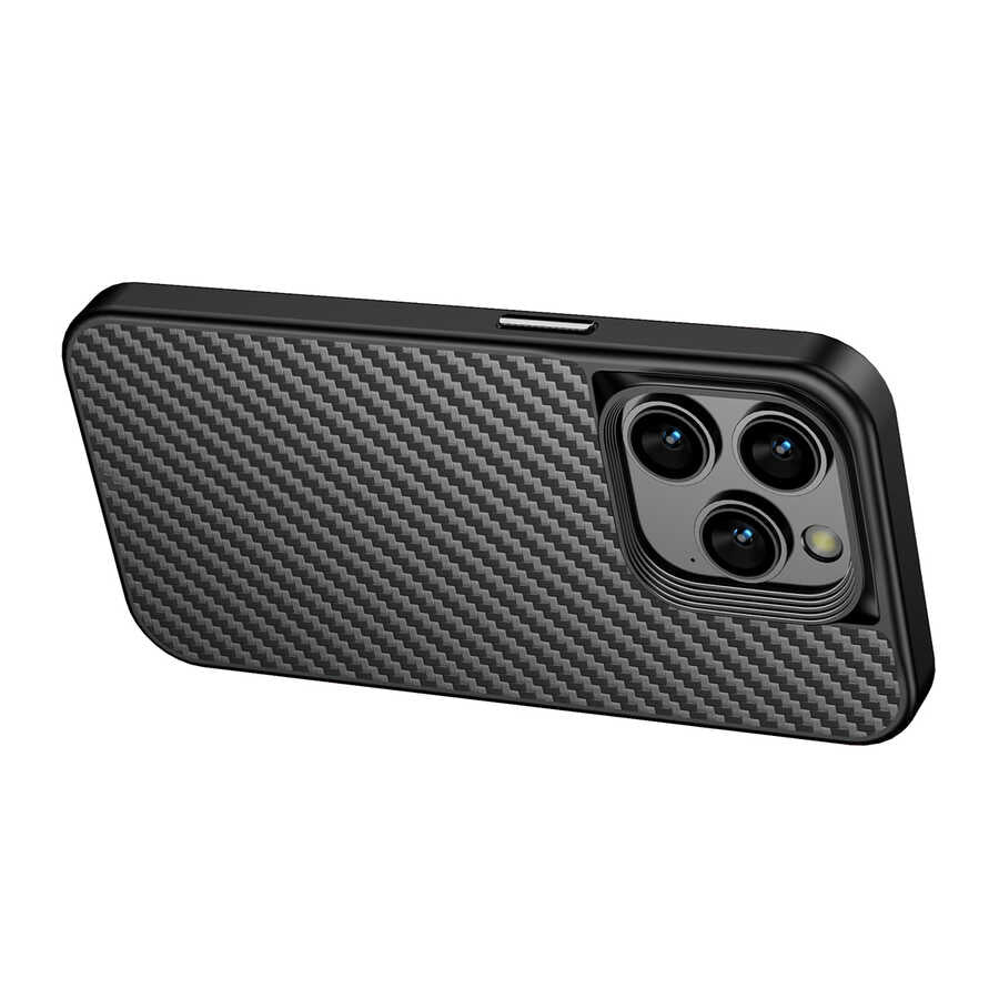 Apple iPhone 14 Pro Max Kılıf Aramid Karbon Fiber M-safe Özellikli Wlons Radison Kapak Siyah