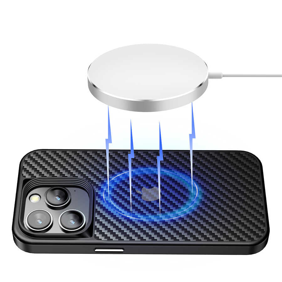 Apple iPhone 14 Pro Max Kılıf Aramid Karbon Fiber M-safe Özellikli Wlons Radison Kapak Siyah