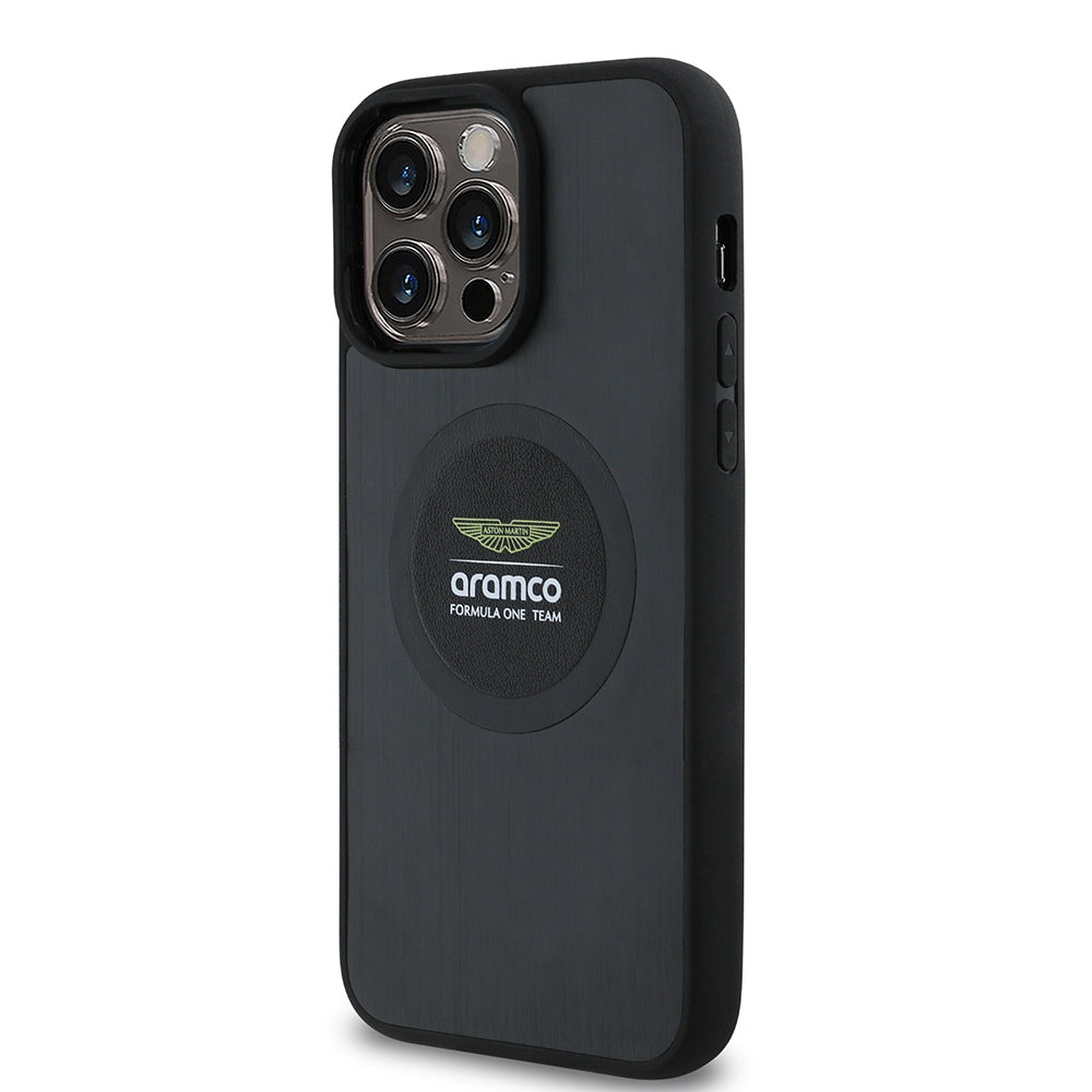 Apple iPhone 14 Pro Max Kılıf Aston Martin Orjinal Lisanslı M-safe Şarj Özellikli Aluminyum Arka Yüzeyli Formula One Team Baskılı Kapak Siyah