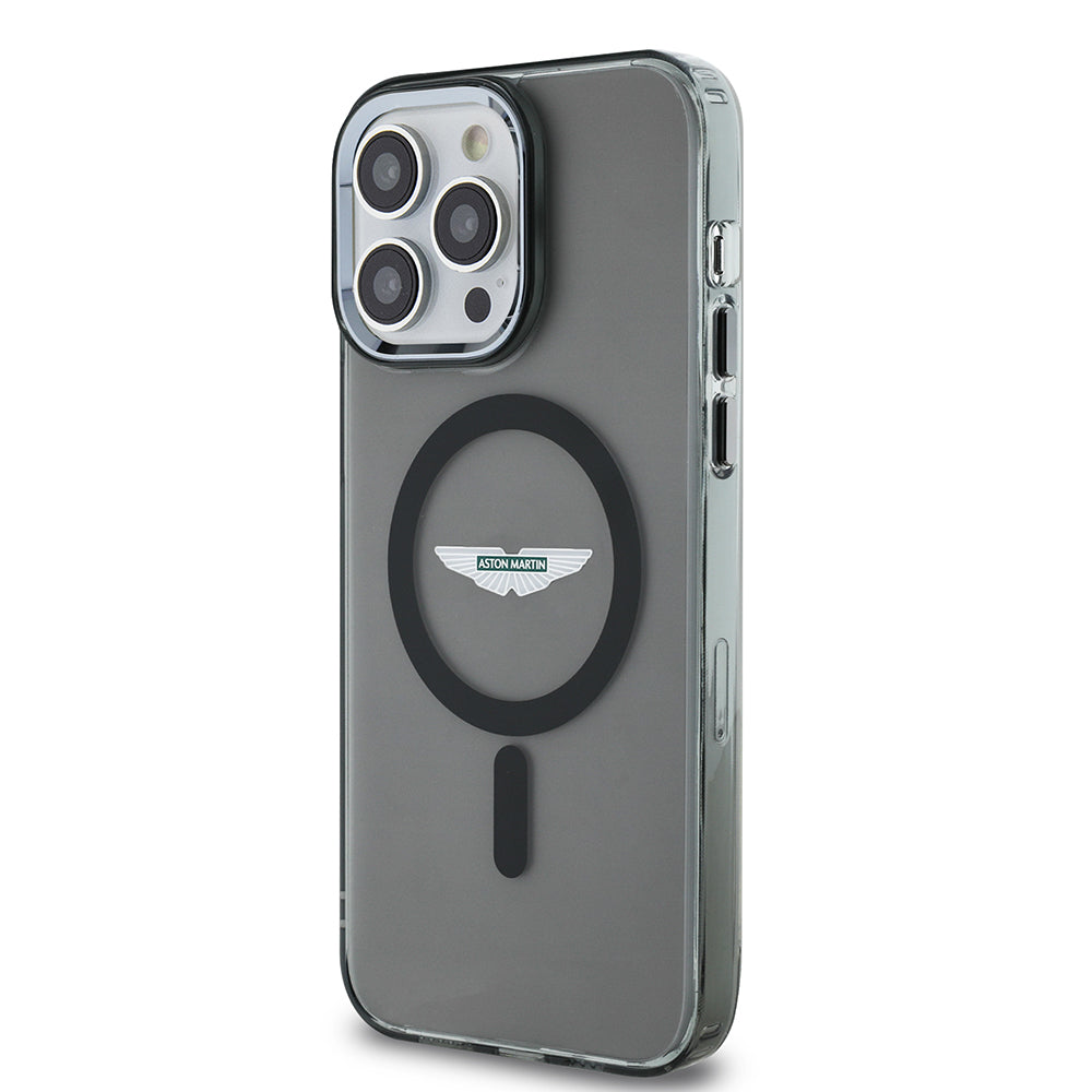 Apple iPhone 14 Pro Max Kılıf Aston Martin Orjinal Lisanslı M-safe Şarj Özellikli IML Baskı Logolu Metal Düğmeli Kapak Siyah