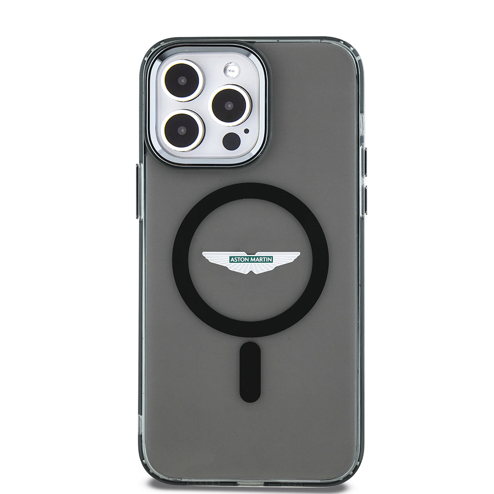 Apple iPhone 14 Pro Max Kılıf Aston Martin Orjinal Lisanslı M-safe Şarj Özellikli IML Baskı Logolu Metal Düğmeli Kapak Siyah
