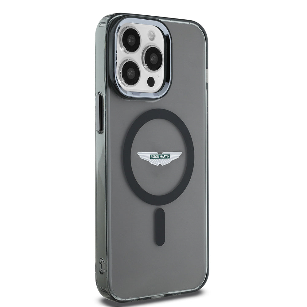 Apple iPhone 14 Pro Max Kılıf Aston Martin Orjinal Lisanslı M-safe Şarj Özellikli IML Baskı Logolu Metal Düğmeli Kapak Siyah