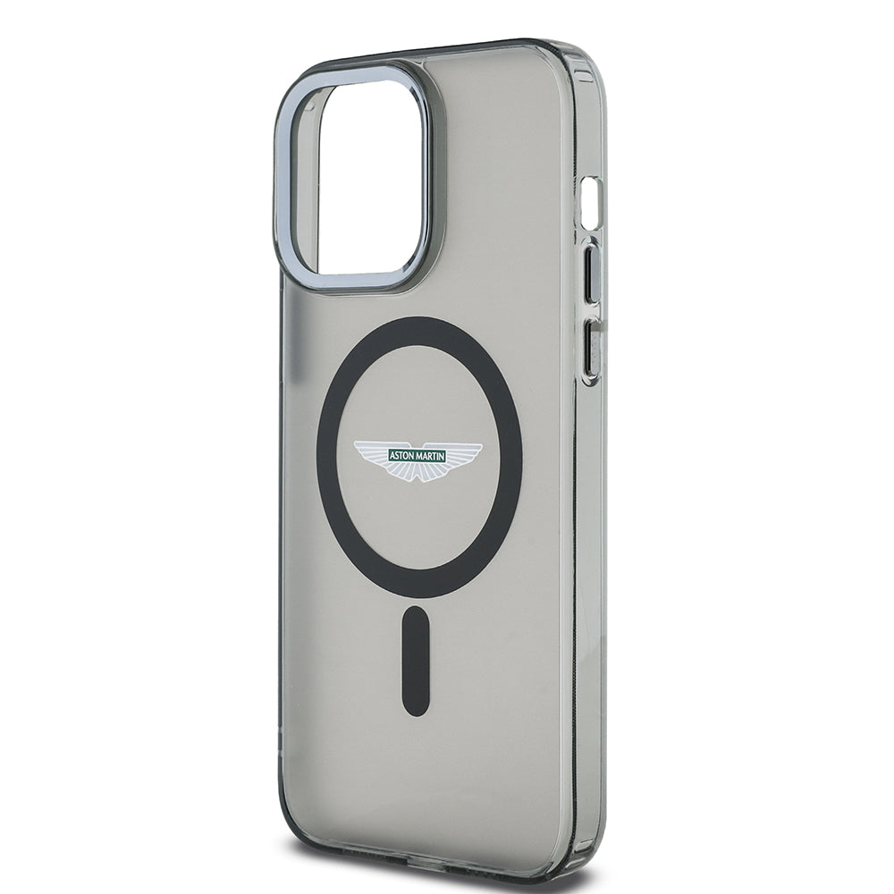 Apple iPhone 14 Pro Max Kılıf Aston Martin Orjinal Lisanslı M-safe Şarj Özellikli IML Baskı Logolu Metal Düğmeli Kapak Siyah