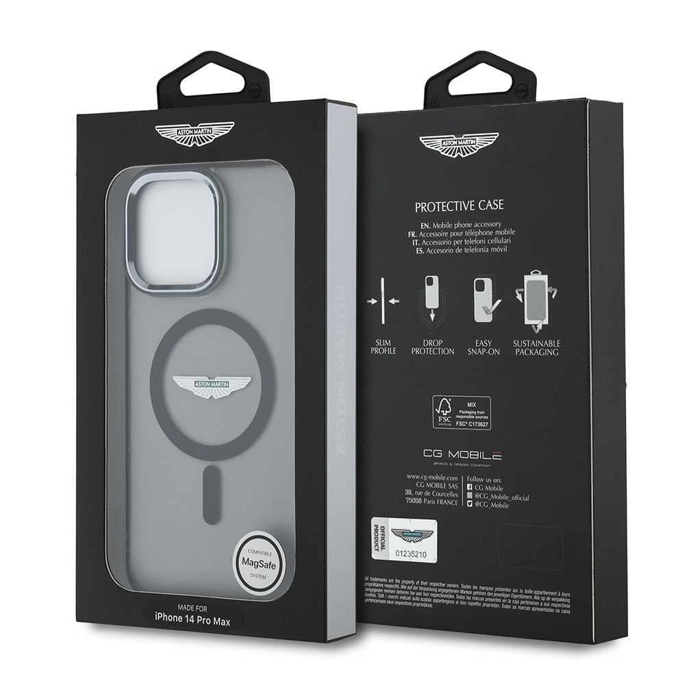 Apple iPhone 14 Pro Max Kılıf Aston Martin Orjinal Lisanslı M-safe Şarj Özellikli IML Baskı Logolu Metal Düğmeli Kapak Siyah