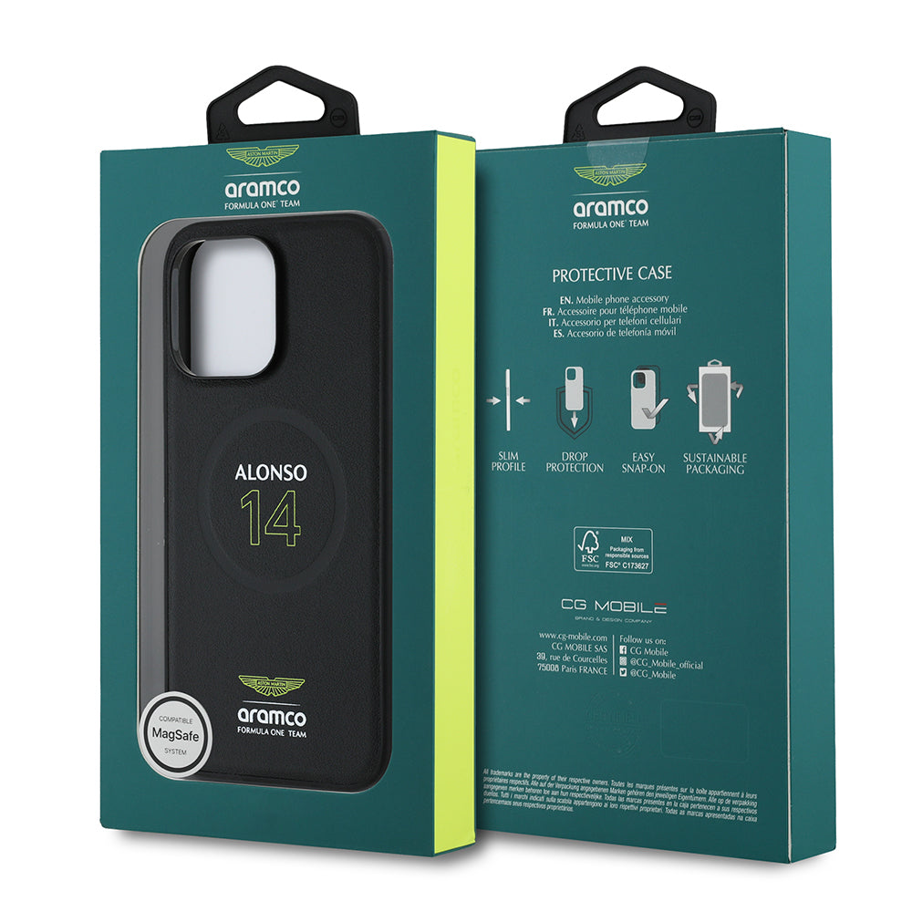 Apple iPhone 14 Pro Max Kılıf Aston Martin Orjinal Lisanslı M-safe Şarj Özellikli PU Deri Alonso 14 Baskılı Kapak Siyah