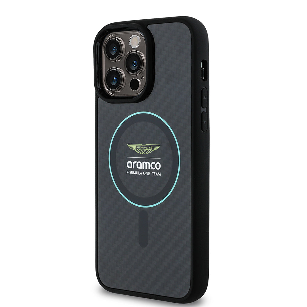 Apple iPhone 14 Pro Max Kılıf Aston Martin Orjinal Lisanslı M-safe Şarj Özellikli Renkli Halka ve Karbon Fiber Tasarımlı Kapak Siyah-Yeşil