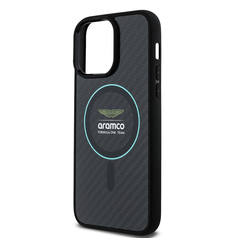 Apple iPhone 14 Pro Max Kılıf Aston Martin Orjinal Lisanslı M-safe Şarj Özellikli Renkli Halka ve Karbon Fiber Tasarımlı Kapak Siyah-Yeşil