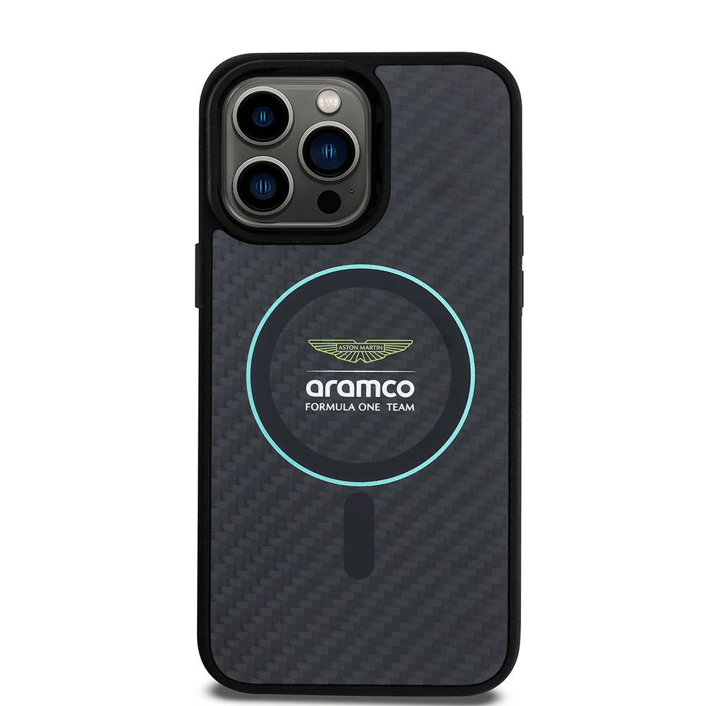 Apple iPhone 14 Pro Max Kılıf Aston Martin Orjinal Lisanslı M-safe Şarj Özellikli Renkli Halka ve Karbon Fiber Tasarımlı Kapak Siyah-Yeşil