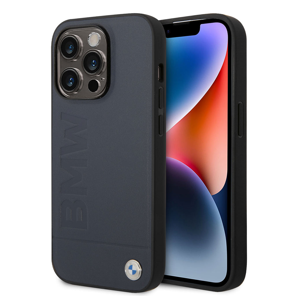 Apple iPhone 14 Pro Max Kılıf BMW M-safe Şarj Özellikli Deri Sıcak Mühür Baskılı Logo Dizayn Kapak Petrol Mavi