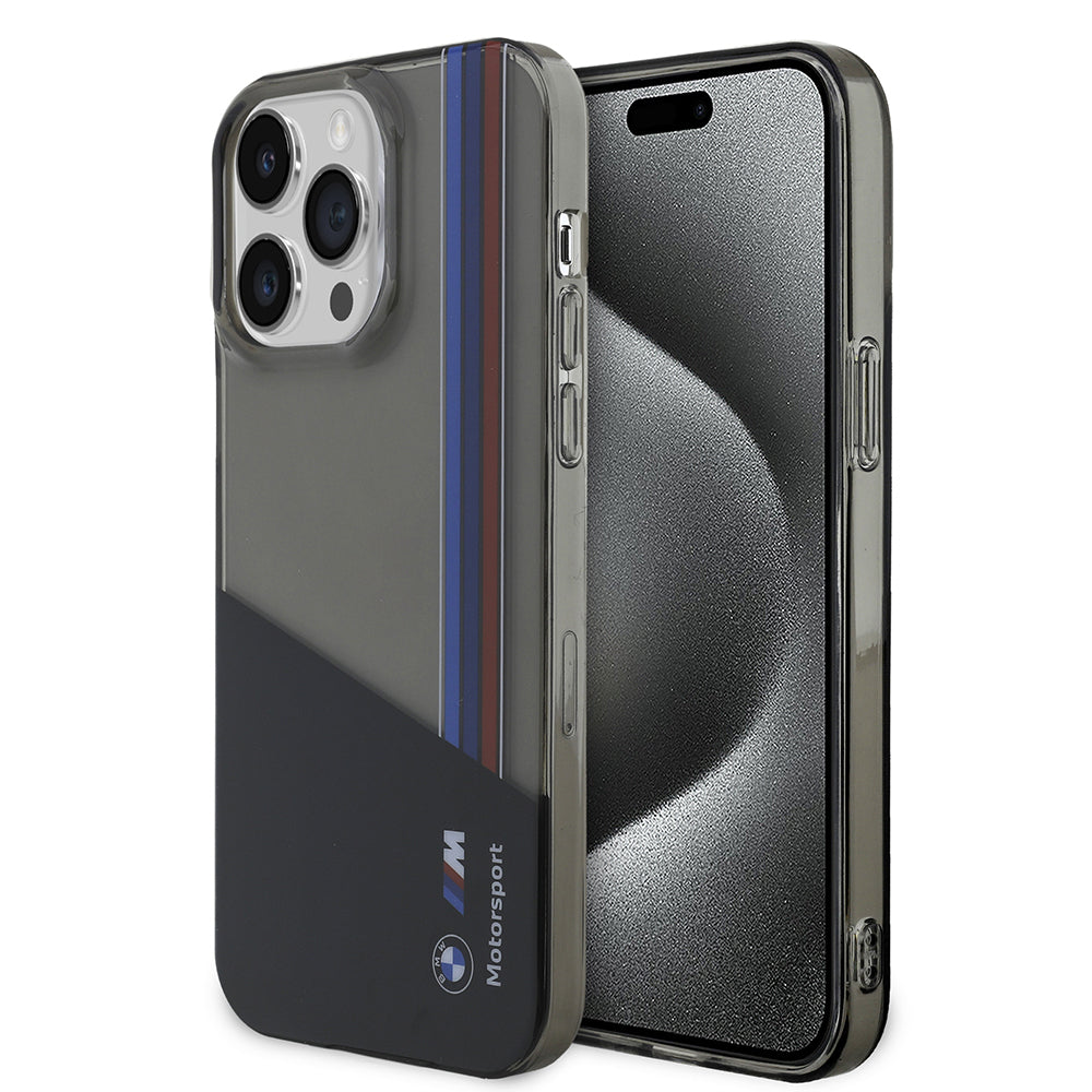 Apple iPhone 14 Pro Max Kılıf BMW Orjinal Lisanslı Yarı Transparan M Dizayn Çizgili Kapak Siyah