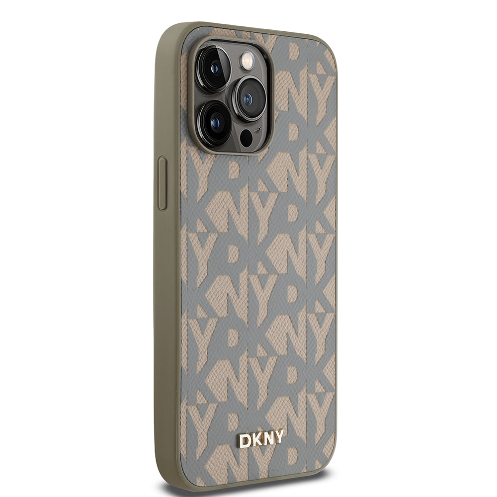 Apple iPhone 14 Pro Max Kılıf DKNY Orjinal Lisanslı M-safe Şarj Özellikli 3D Yazılı Grid Pattern Kapak Kahverengi