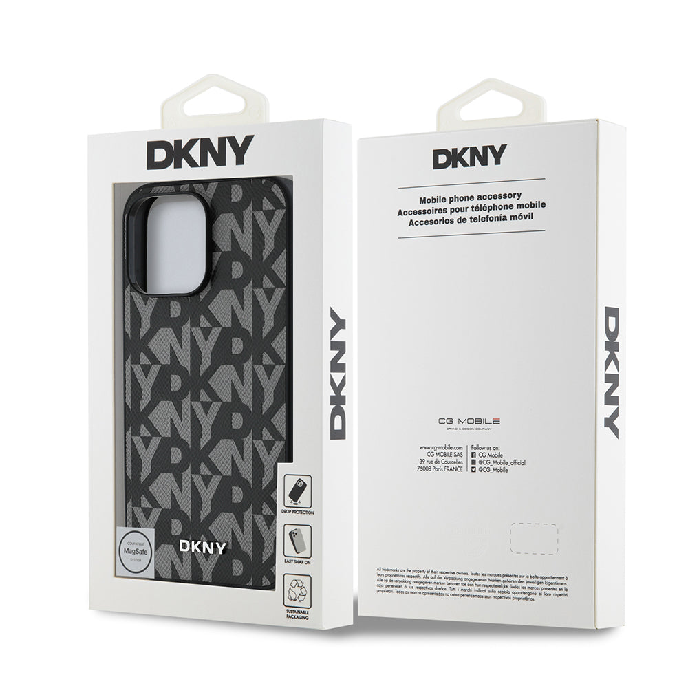 Apple iPhone 14 Pro Max Kılıf DKNY Orjinal Lisanslı M-safe Şarj Özellikli 3D Yazılı Grid Pattern Kapak Kahverengi