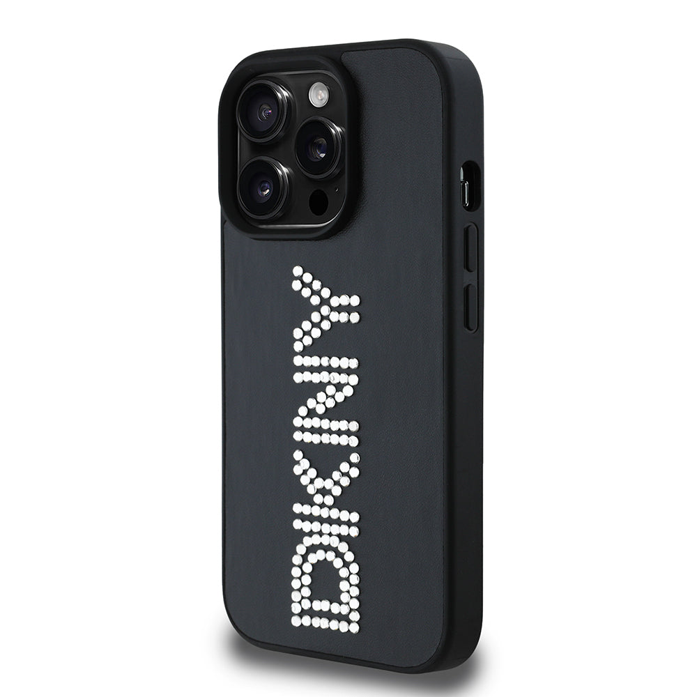 Apple iPhone 14 Pro Max Kılıf DKNY Orjinal Lisanslı Taşlı DKNY Yazılı Metalik Rhinestones PU Deri Kapak Kahverengi