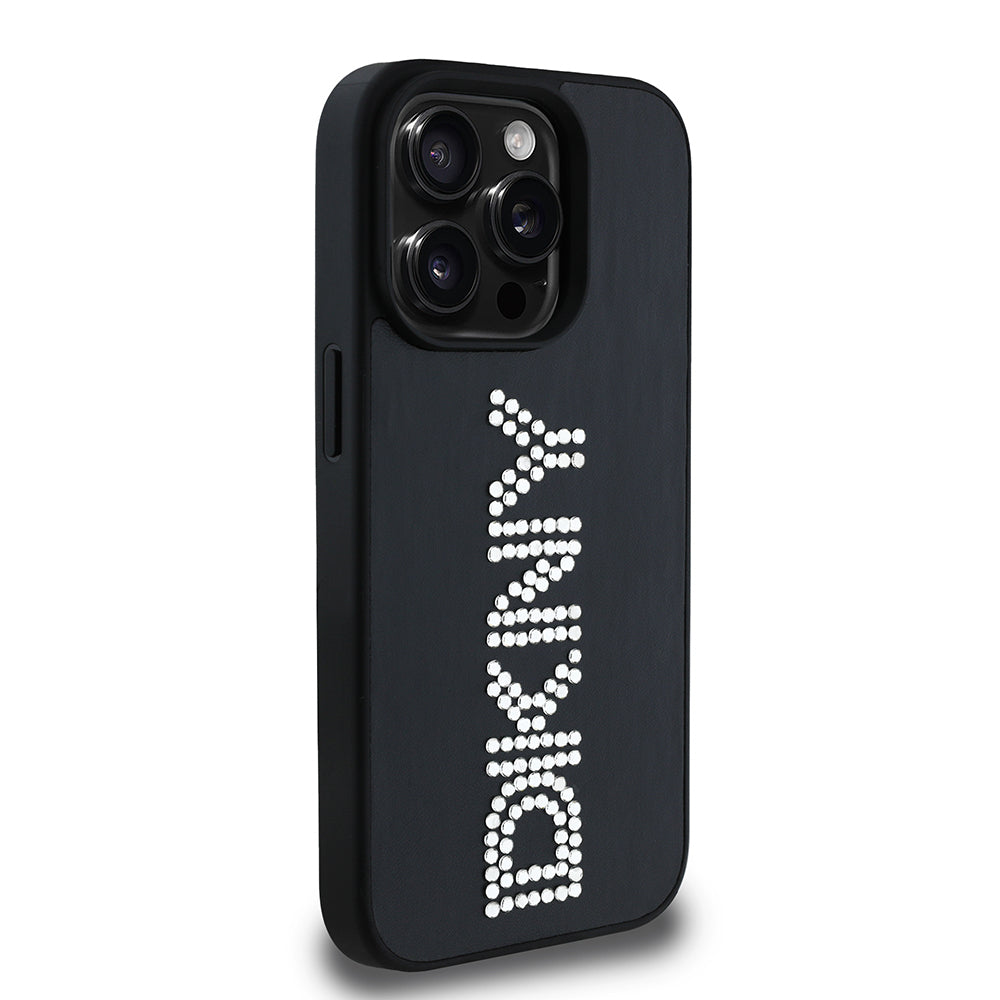 Apple iPhone 14 Pro Max Kılıf DKNY Orjinal Lisanslı Taşlı DKNY Yazılı Metalik Rhinestones PU Deri Kapak Siyah