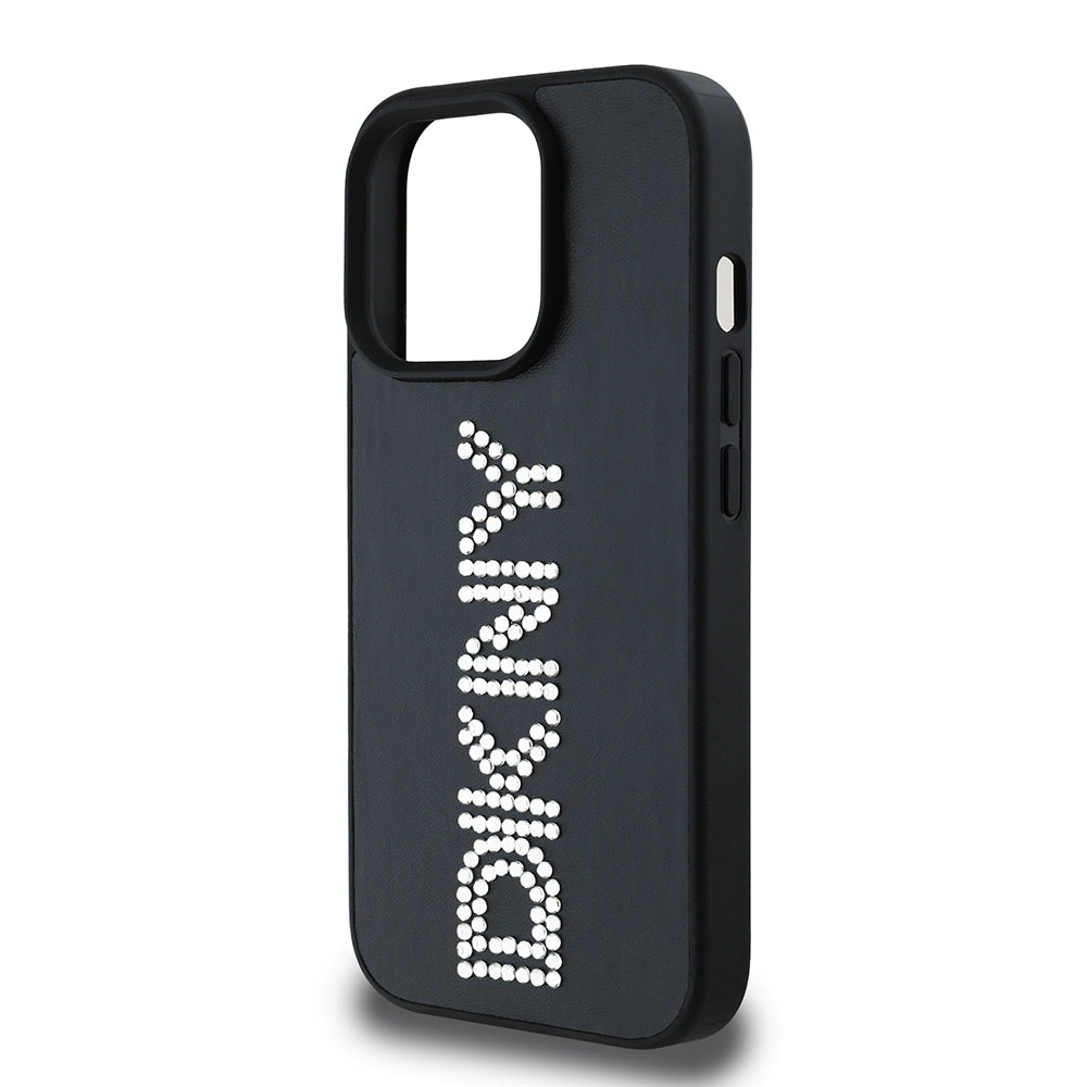 Apple iPhone 14 Pro Max Kılıf DKNY Orjinal Lisanslı Taşlı DKNY Yazılı Metalik Rhinestones PU Deri Kapak Kahverengi