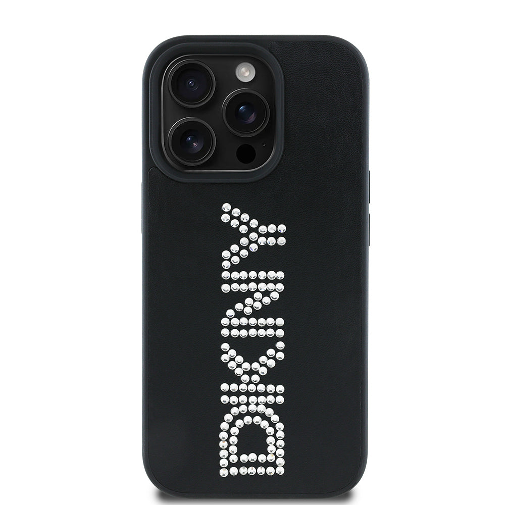 Apple iPhone 14 Pro Max Kılıf DKNY Orjinal Lisanslı Taşlı DKNY Yazılı Metalik Rhinestones PU Deri Kapak Siyah
