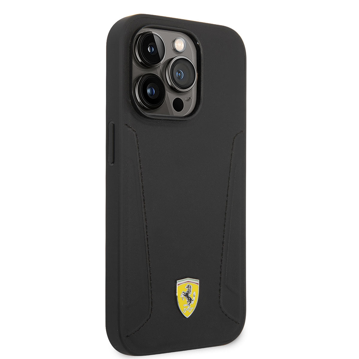 Apple iPhone 14 Pro Max Kılıf Ferrari M-safe Şarj Özellikli Deri Kenarları Damgalı Dizayn Kapak Siyah