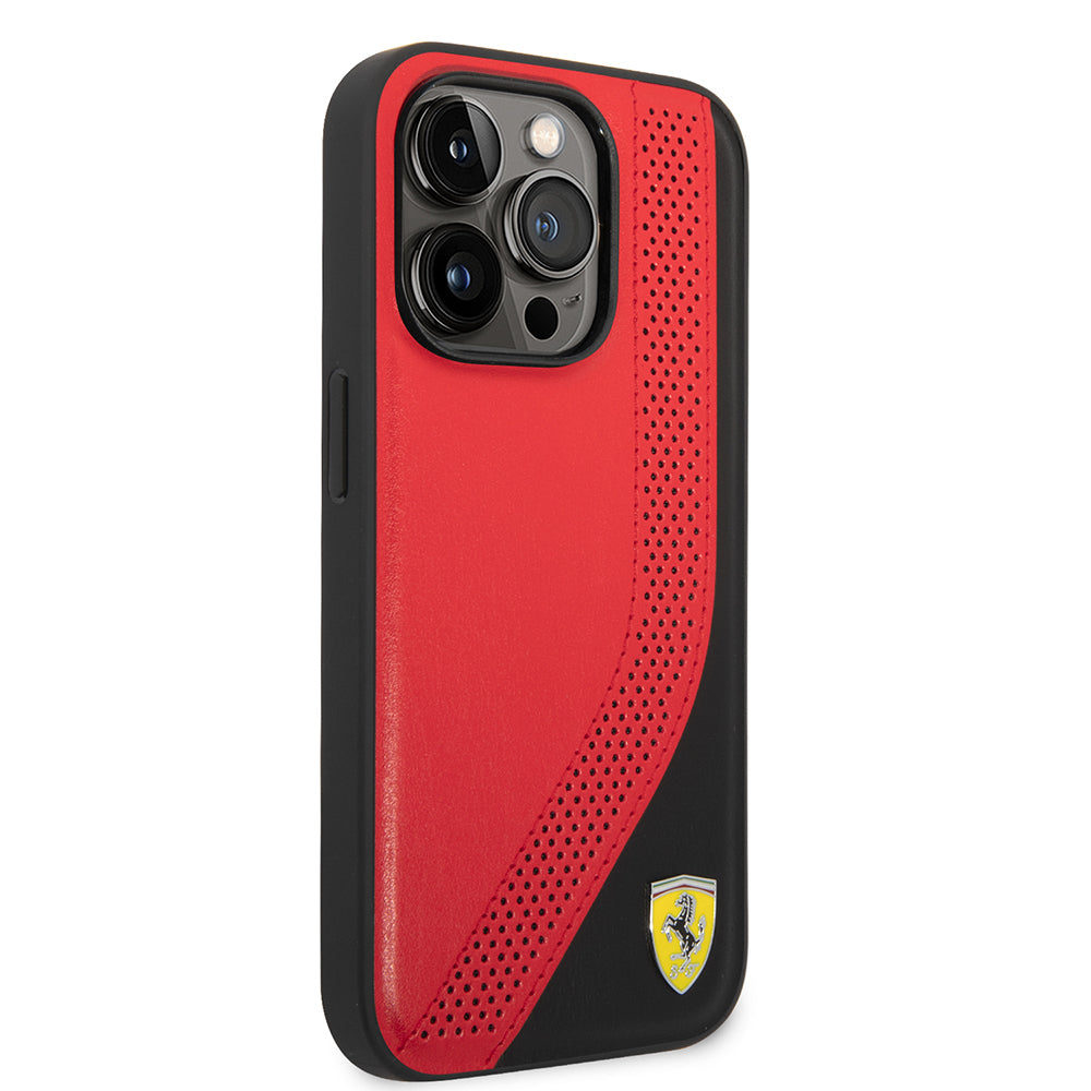 Apple iPhone 14 Pro Max Kılıf Ferrari Orjinal Lisanslı Metal Logolu Deri Delikli Dikişli Dizayn Kapak Kırmızı