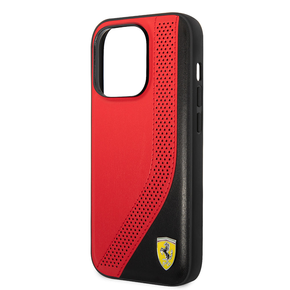 Apple iPhone 14 Pro Max Kılıf Ferrari Orjinal Lisanslı Metal Logolu Deri Delikli Dikişli Dizayn Kapak Kırmızı