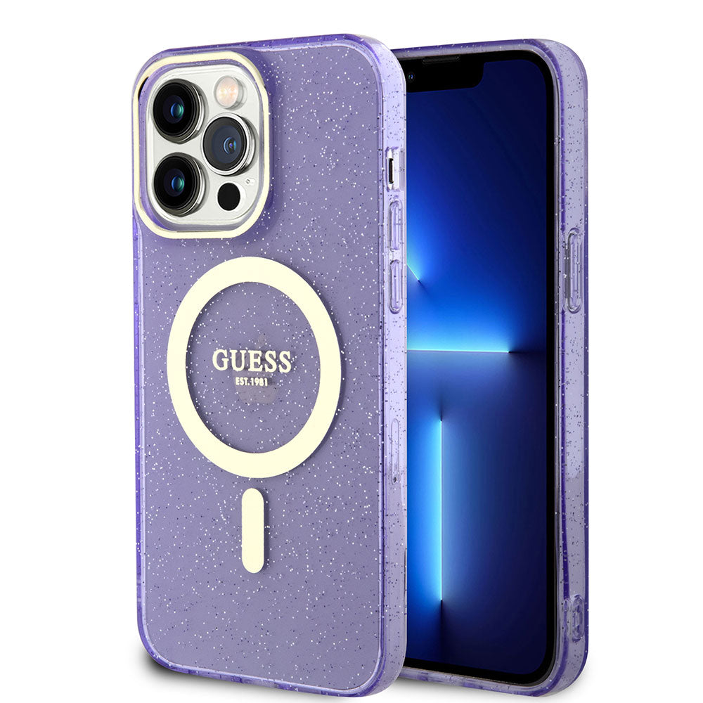 Apple iPhone 14 Pro Max Kılıf GUESS M-safe Şarj Özellikli Glitter Kapak Mor