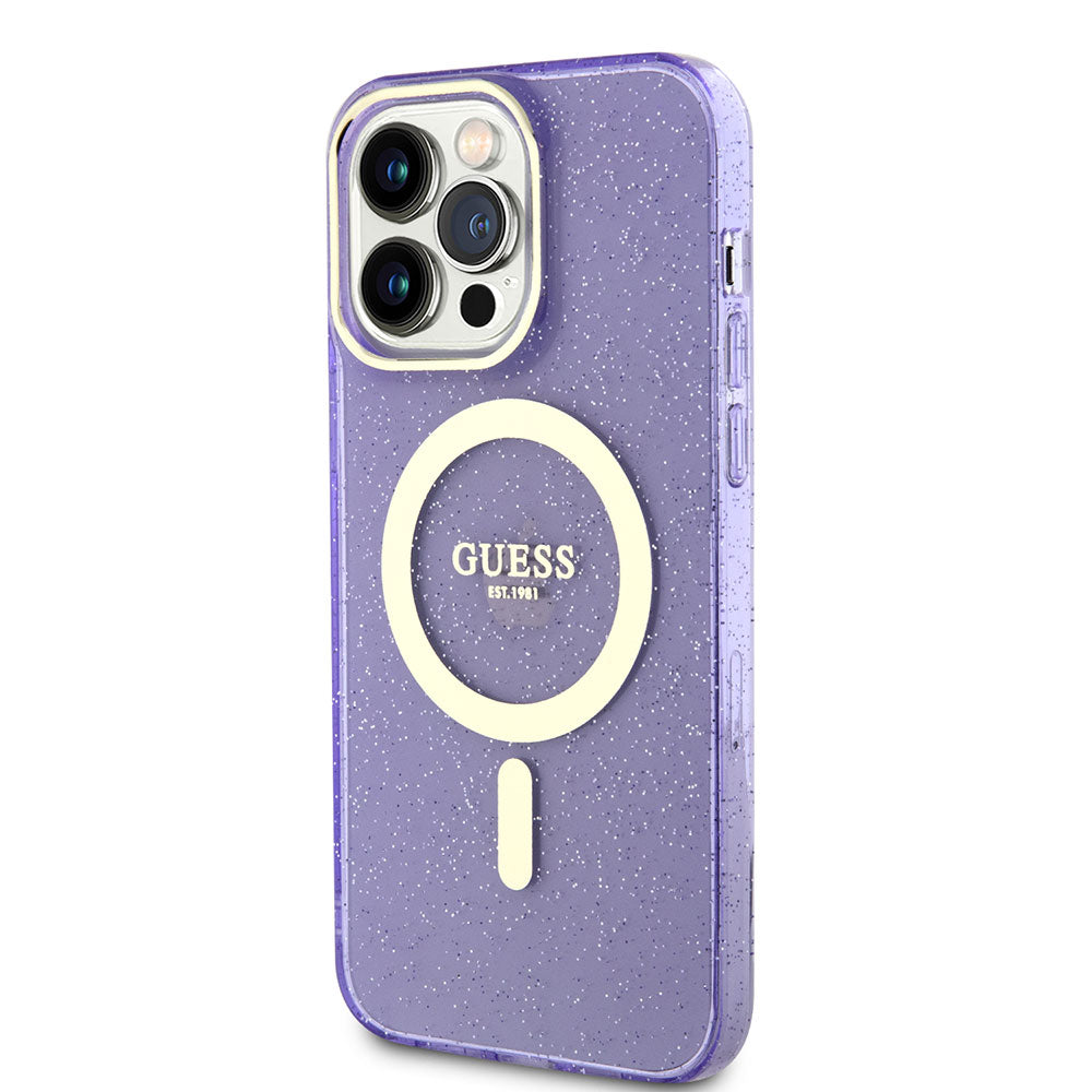 Apple iPhone 14 Pro Max Kılıf GUESS M-safe Şarj Özellikli Glitter Kapak Mor
