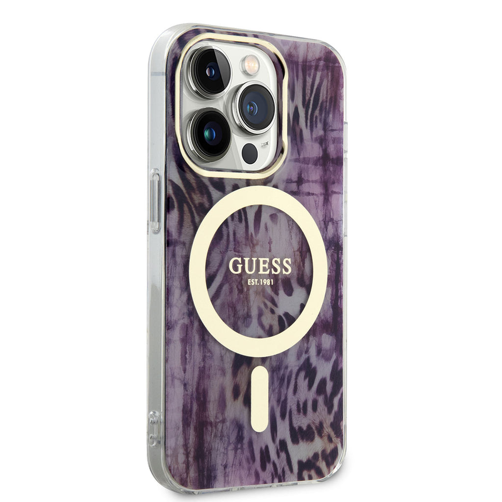 Apple iPhone 14 Pro Max Kılıf GUESS M-safe Şarj Özellikli Leopar Desenli Kapak Pembe