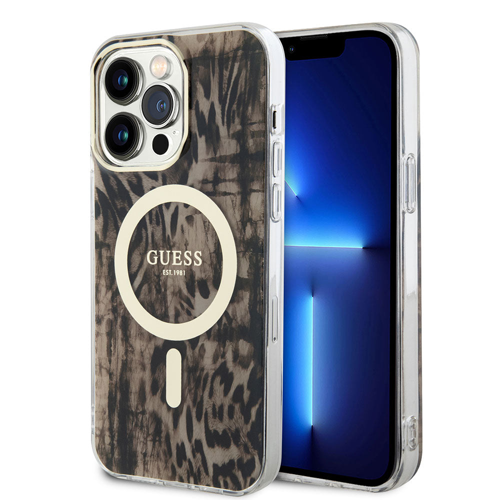 Apple iPhone 14 Pro Max Kılıf GUESS M-safe Şarj Özellikli Leopar Desenli Kapak Mavi