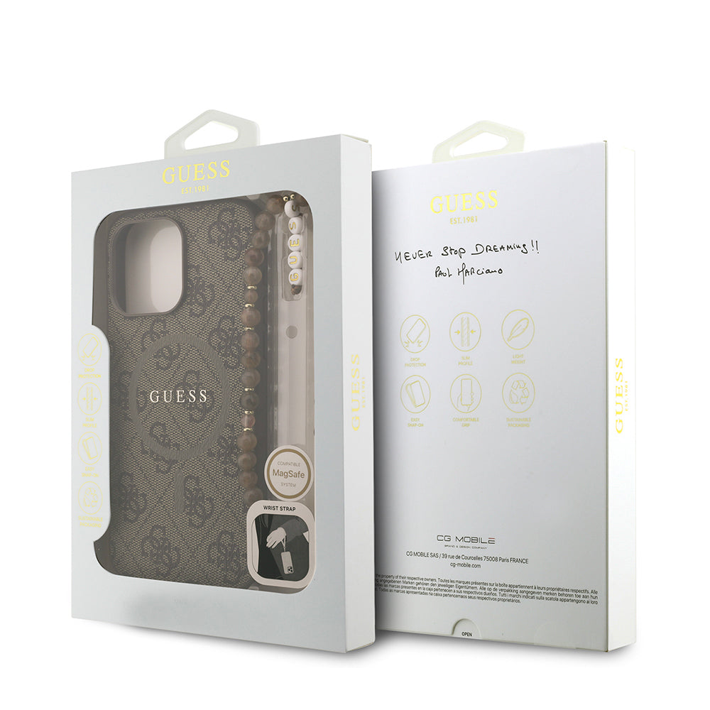 Apple iPhone 14 Pro Max Kılıf Guess Orjinal Lisanslı M-safe Şarj Özellikli PU Deri Bilek Askı İpli Yazı Logolu Kapak Siyah