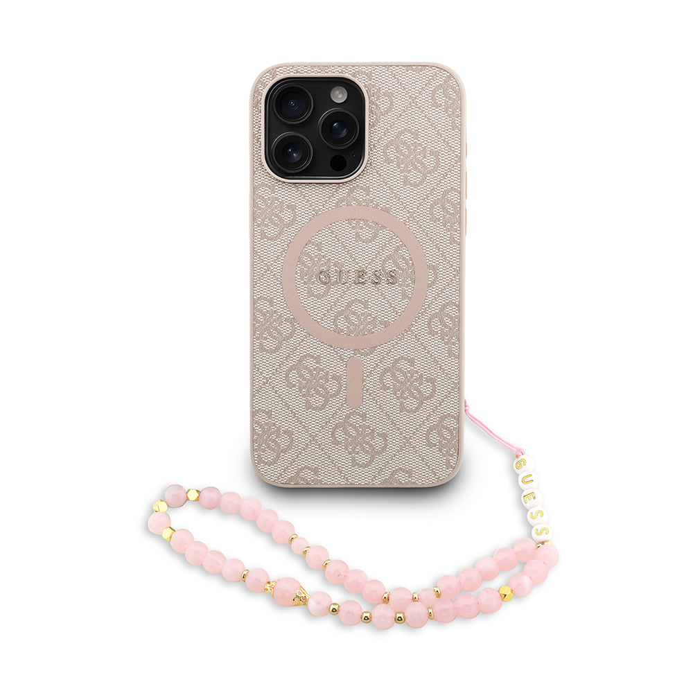 Apple iPhone 14 Pro Max Kılıf Guess Orjinal Lisanslı M-safe Şarj Özellikli PU Deri Bilek Askı İpli Yazı Logolu Kapak Pembe
