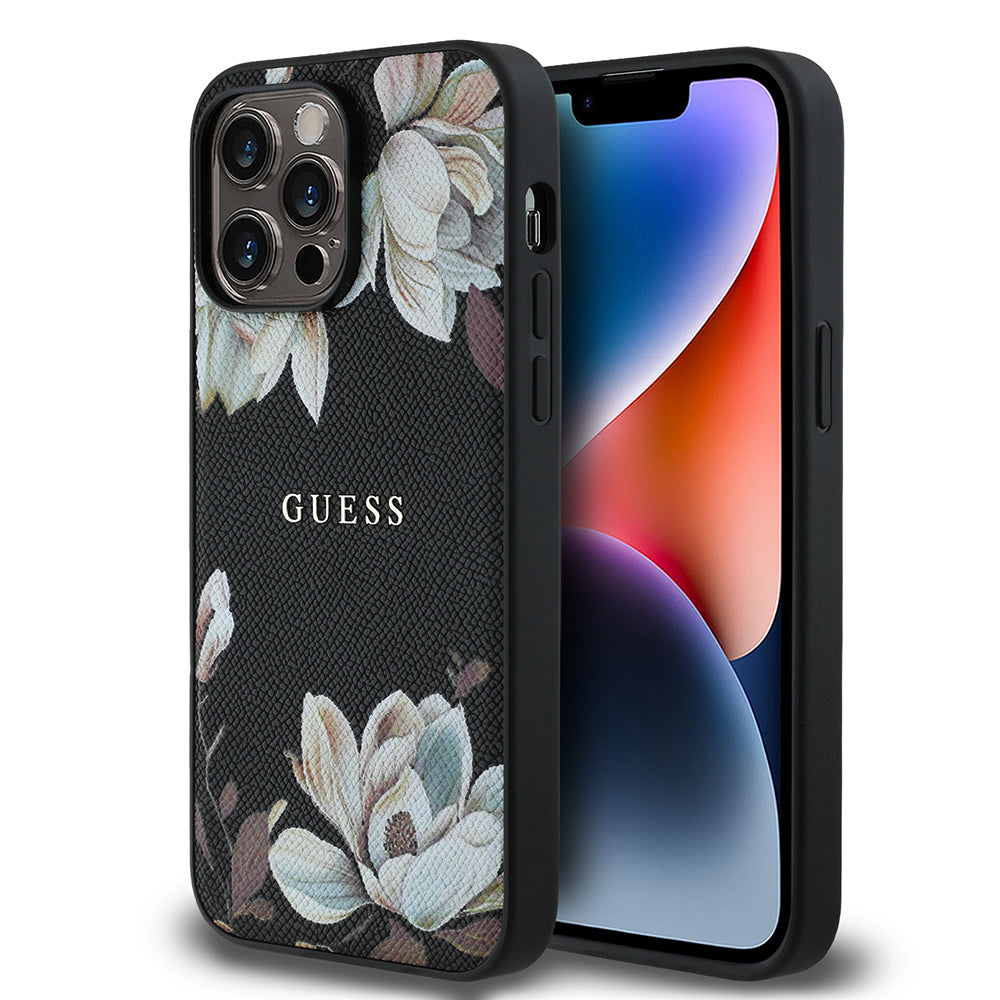 Apple iPhone 14 Pro Max Kılıf Guess Orjinal Lisanslı M-safe Şarj Özellikli Taneli Çiçek Tasarımlı Metal Yazı Logolu Kapak Pembe