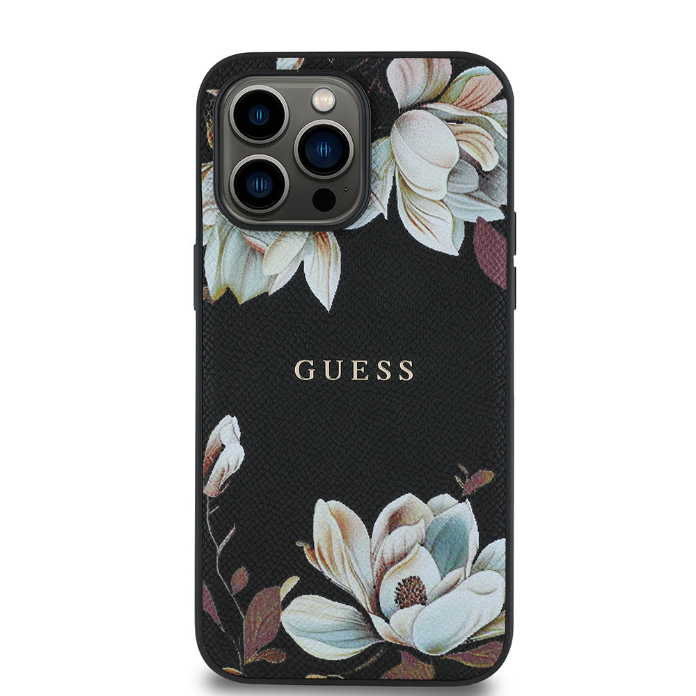 Apple iPhone 14 Pro Max Kılıf Guess Orjinal Lisanslı M-safe Şarj Özellikli Taneli Çiçek Tasarımlı Metal Yazı Logolu Kapak Pembe