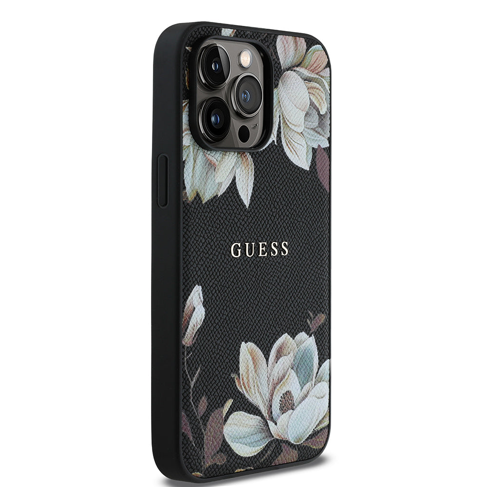 Apple iPhone 14 Pro Max Kılıf Guess Orjinal Lisanslı M-safe Şarj Özellikli Taneli Çiçek Tasarımlı Metal Yazı Logolu Kapak Siyah