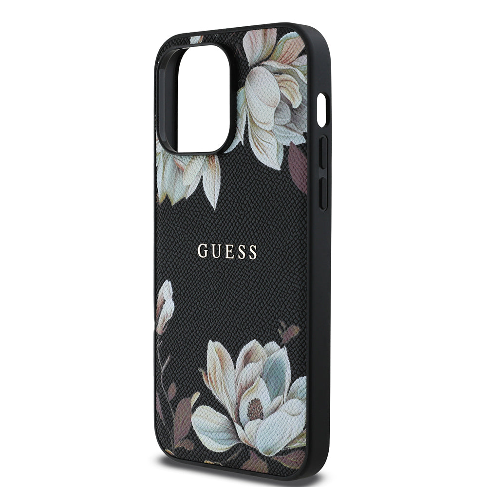 Apple iPhone 14 Pro Max Kılıf Guess Orjinal Lisanslı M-safe Şarj Özellikli Taneli Çiçek Tasarımlı Metal Yazı Logolu Kapak Siyah