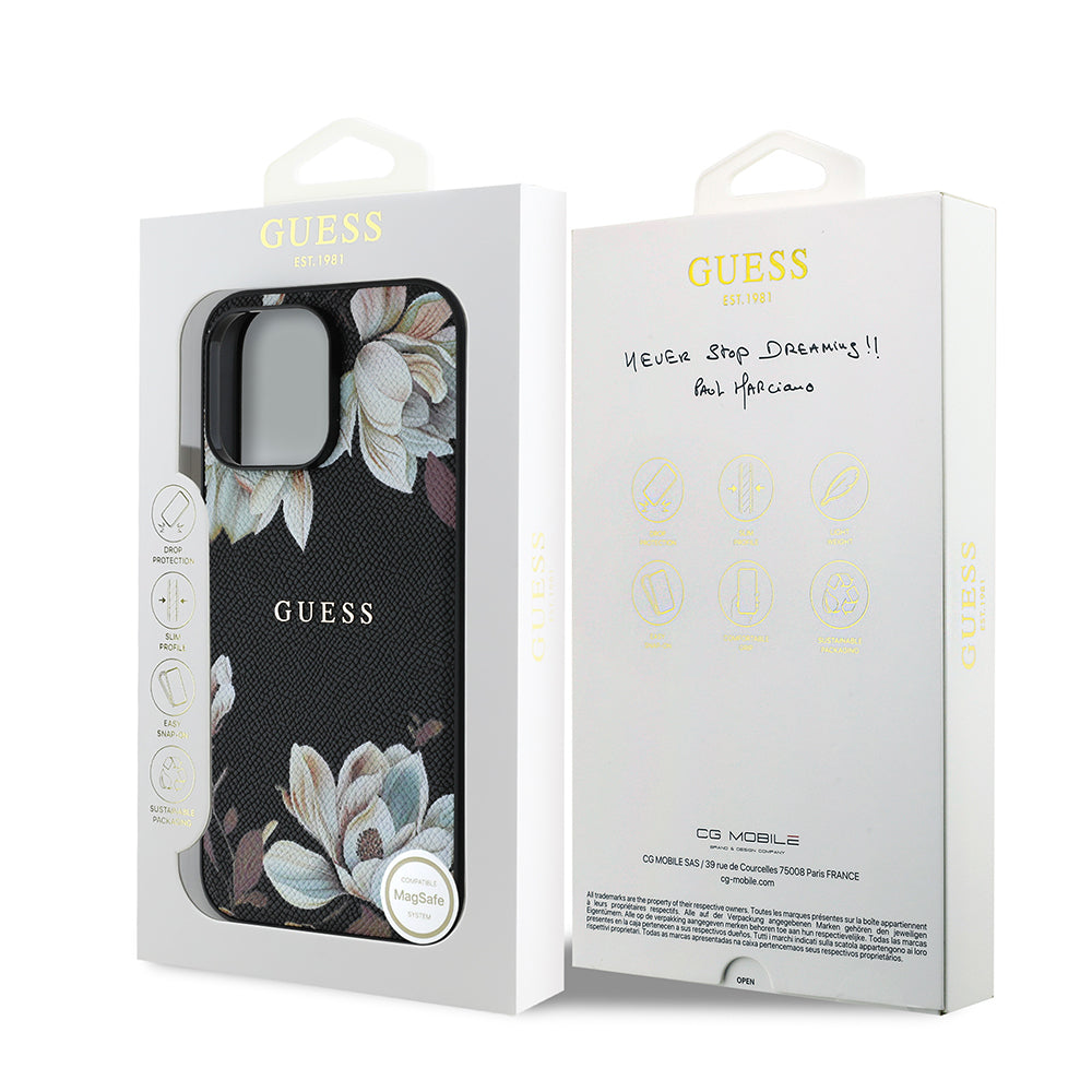 Apple iPhone 14 Pro Max Kılıf Guess Orjinal Lisanslı M-safe Şarj Özellikli Taneli Çiçek Tasarımlı Metal Yazı Logolu Kapak Pembe