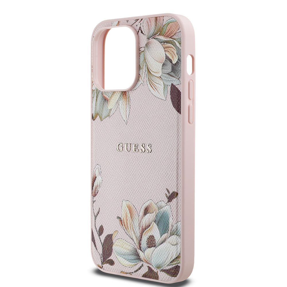 Apple iPhone 14 Pro Max Kılıf Guess Orjinal Lisanslı M-safe Şarj Özellikli Taneli Çiçek Tasarımlı Metal Yazı Logolu Kapak Pembe