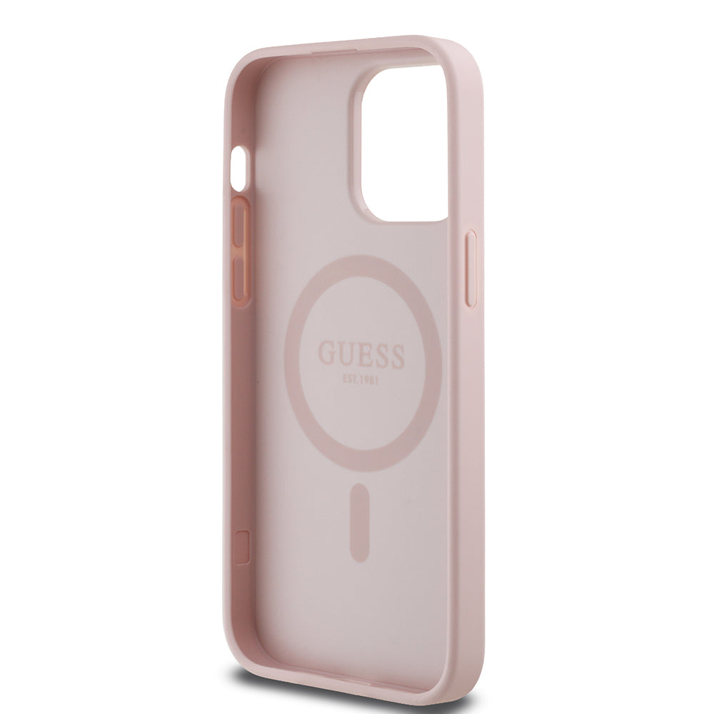 Apple iPhone 14 Pro Max Kılıf Guess Orjinal Lisanslı M-safe Şarj Özellikli Taneli Çiçek Tasarımlı Metal Yazı Logolu Kapak Pembe