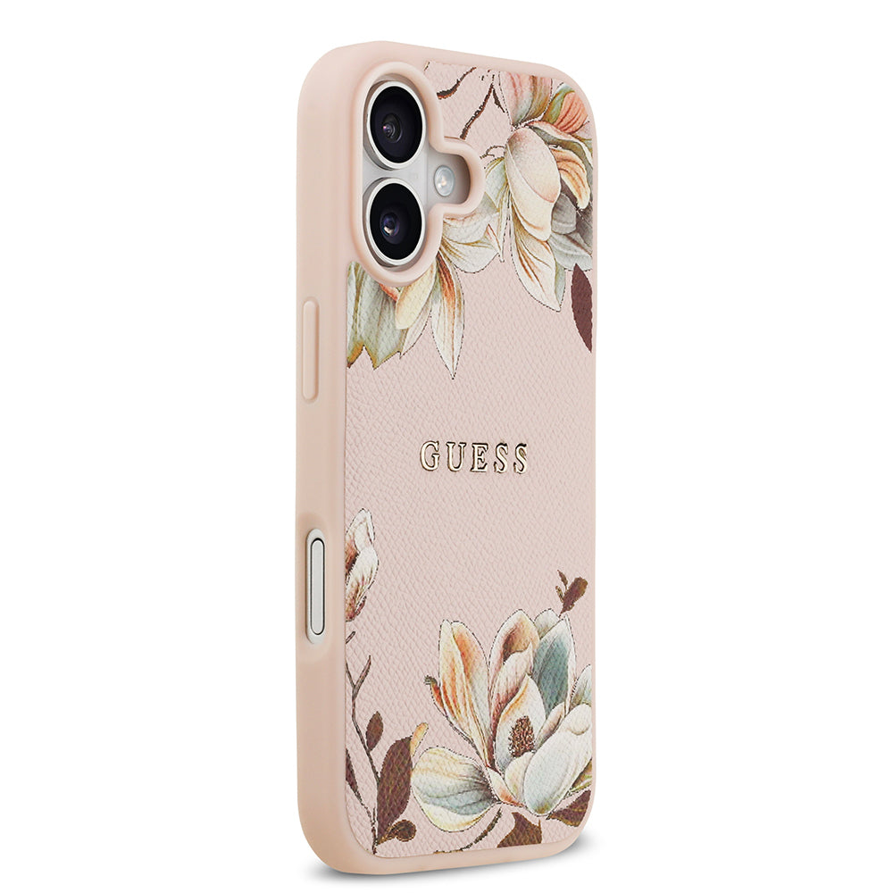Apple iPhone 17 Kılıf Guess Orjinal Lisanslı M-safe Şarj Özellikli Taneli Çiçek Tasarımlı Metal Yazı Logolu Kapak Pembe