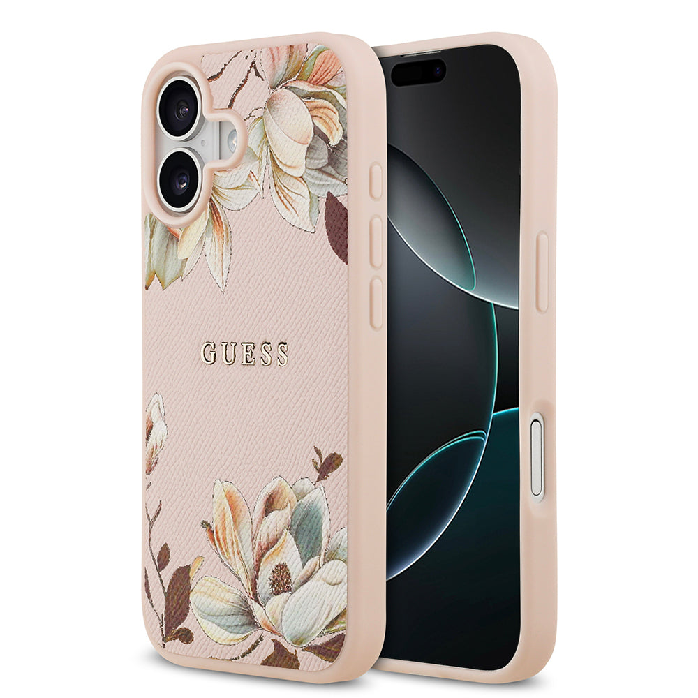 Apple iPhone 17 Kılıf Guess Orjinal Lisanslı M-safe Şarj Özellikli Taneli Çiçek Tasarımlı Metal Yazı Logolu Kapak Pembe