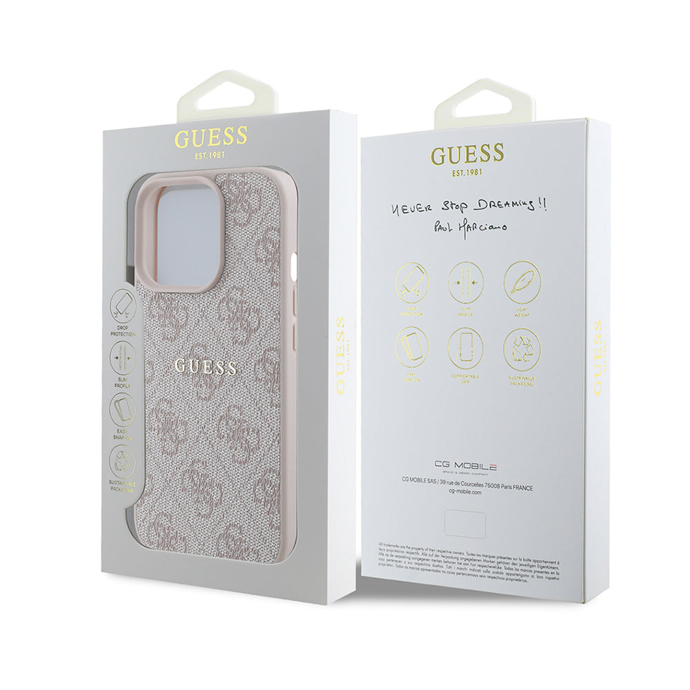 Apple iPhone 14 Pro Max Kılıf Guess Orjinal Lisanslı M-safe Şarj Özellikli 4G Desen Yazı Logolu Kapak Kahverengi