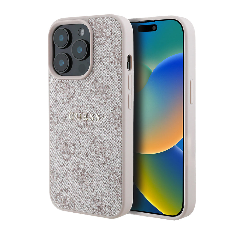 Apple iPhone 14 Pro Max Kılıf Guess Orjinal Lisanslı M-safe Şarj Özellikli 4G Desen Yazı Logolu Kapak Pembe