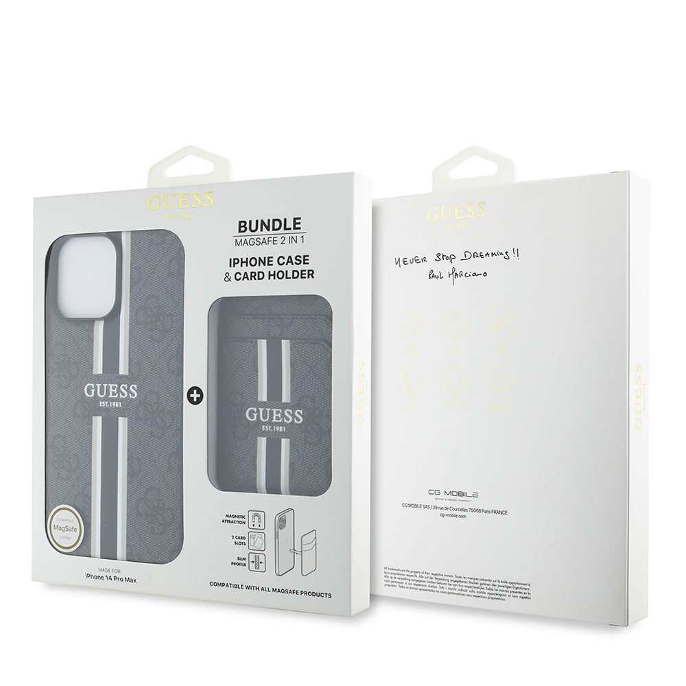 Apple iPhone 14 Pro Max Kılıf Guess Orjinal Lisanslı M-safe Şarj Özellikli 4G Desenli Çizgili Kartlıklı Kapak Kahverengi