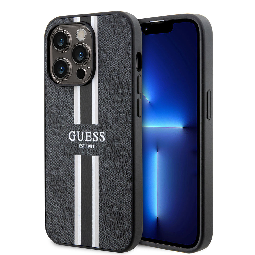 Apple iPhone 14 Pro Max Kılıf Guess Orjinal Lisanslı M-safe Şarj Özellikli 4G Şerit Tasarımlı Printed Kapak Pembe
