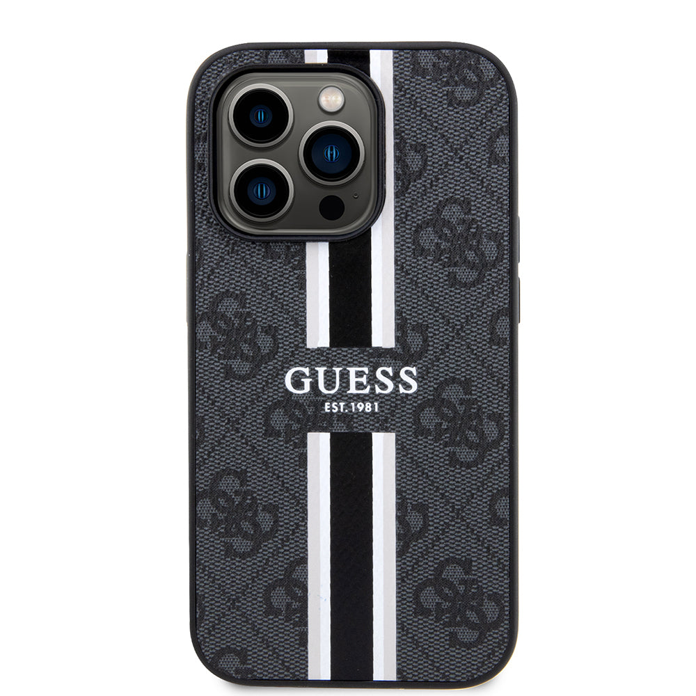 Apple iPhone 14 Pro Max Kılıf Guess Orjinal Lisanslı M-safe Şarj Özellikli 4G Şerit Tasarımlı Printed Kapak Kahverengi