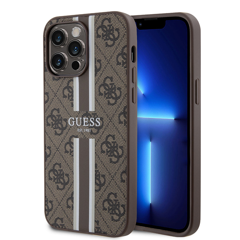 Apple iPhone 14 Pro Max Kılıf Guess Orjinal Lisanslı M-safe Şarj Özellikli 4G Şerit Tasarımlı Printed Kapak Siyah