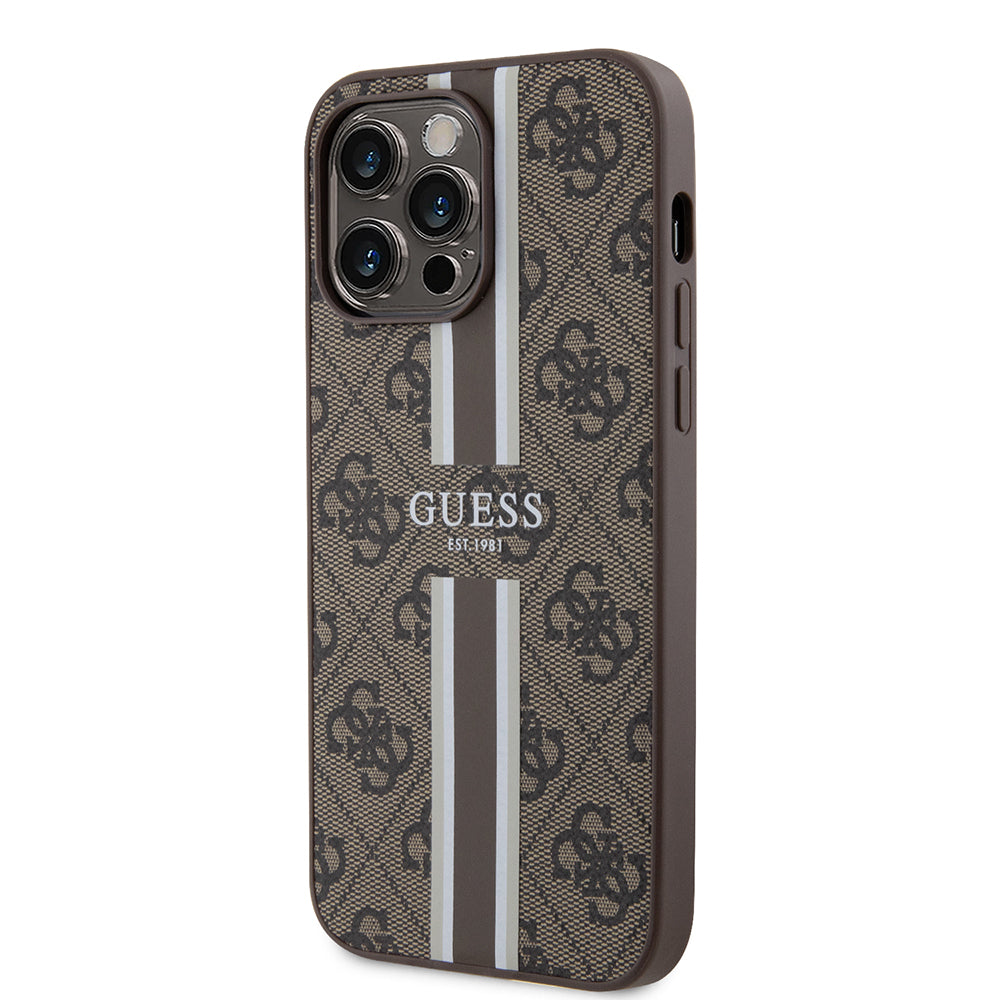Apple iPhone 14 Pro Max Kılıf Guess Orjinal Lisanslı M-safe Şarj Özellikli 4G Şerit Tasarımlı Printed Kapak Kahverengi