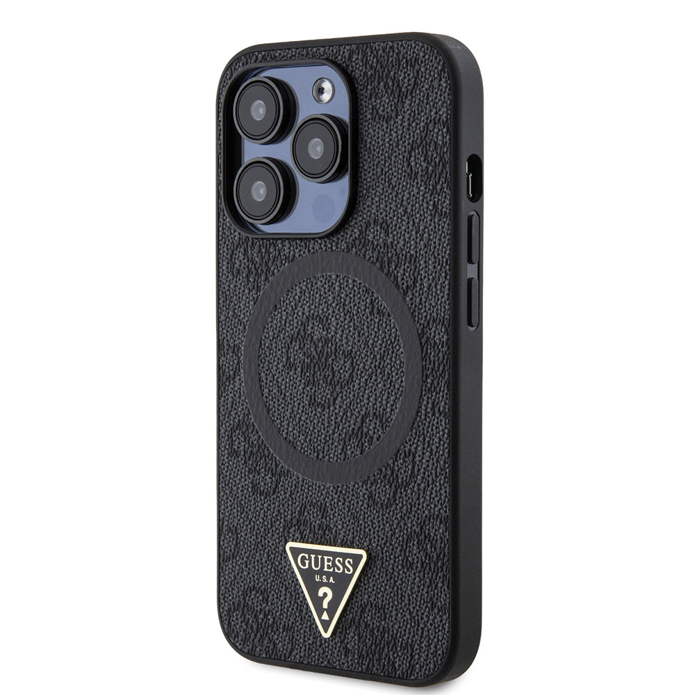 Apple iPhone 14 Pro Max Kılıf Guess Orjinal Lisanslı M-safe Şarj Özellikli PU Üçgen Logo 4G Desenli Kapak Kahverengi