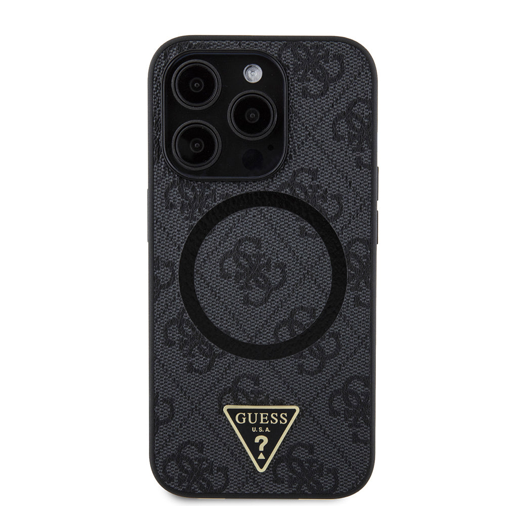 Apple iPhone 14 Pro Max Kılıf Guess Orjinal Lisanslı M-safe Şarj Özellikli PU Üçgen Logo 4G Desenli Kapak Pembe